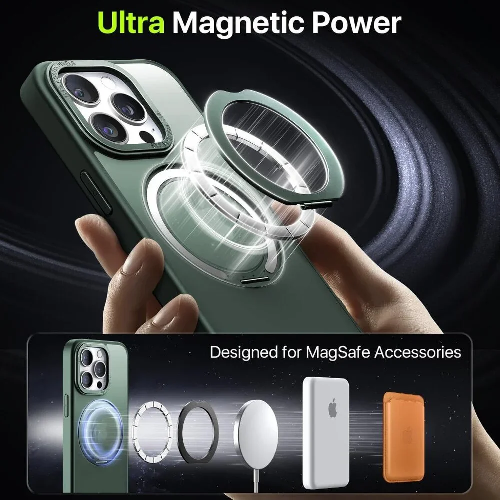 QTlier Green case iPhone 15 promax, 360 Rotatable Ring Stand, Raised Camera Fram